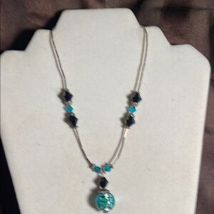 Elegant Black and Turquoise Crystal Necklace with Earrings